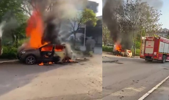 Nilüfer'de yol kenarındaki otomobil alev alev yandı