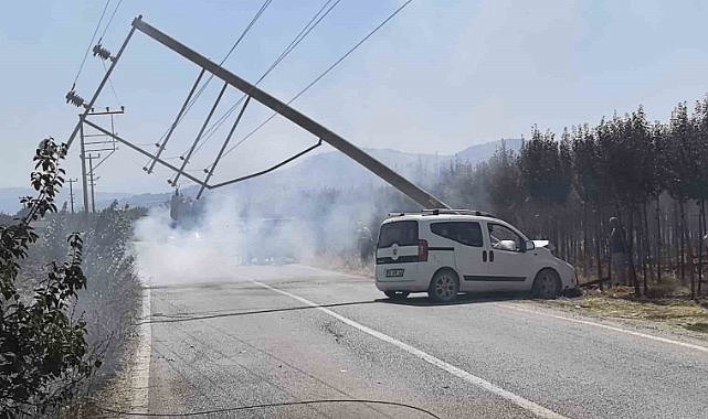 Bursa'da kontrolden çıkan kamyonet elektrik direğini yerle bir etti